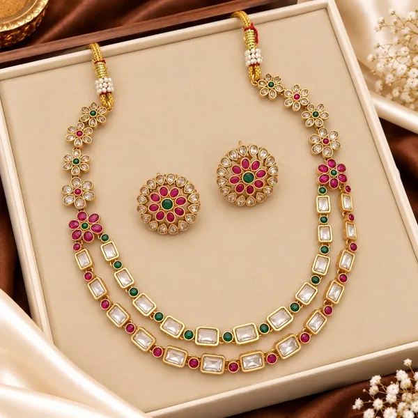 Royal_Gold-Plated_Double_Layer_Kundan_Necklace_Set_with_Floral_Motifs_and_Matching_Round_Stud_Earrings_for_Women