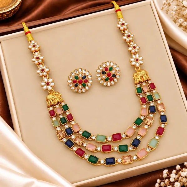 Traditional_Gold-Plated_3-Layer_Multicolor_Kundan_Necklace_Set_with_Elephant_Motifs_&_Matching_Stud_Earrings_for_Women