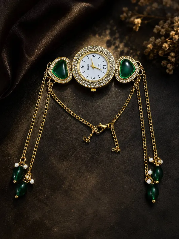 Traditional_Kashmiri_Gold_Plated_Bracelet_Watch_for_Women_with_Green_Stones_&_Hanging_Bead_Tassels