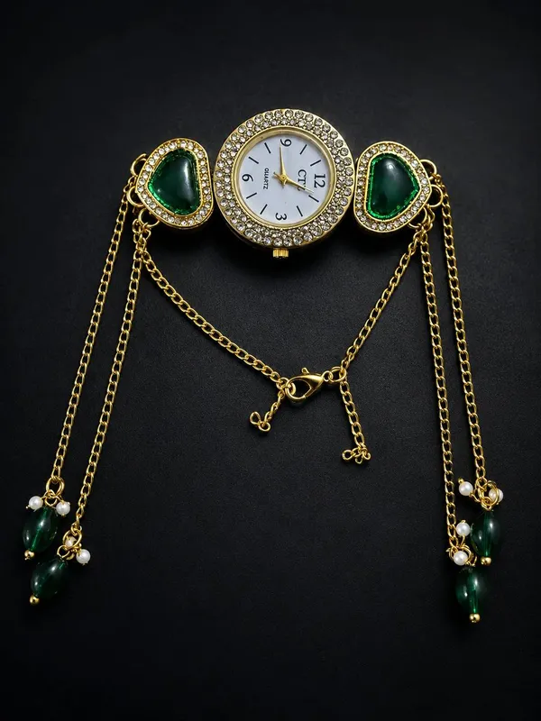 Traditional_Kashmiri_Gold_Plated_Bracelet_Watch_for_Women_with_Green_Stones_&_Hanging_Bead_Tassels