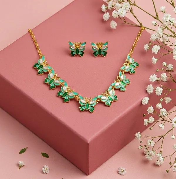 Green_Enamel_Butterfly_Necklace_And_Earrings_Set_for_Women