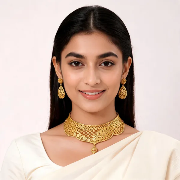 Gold_Alloy_Floral_Openwork_Necklace_And_Earrings_Set_For_Women