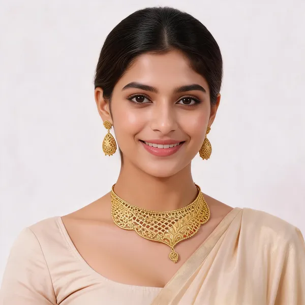 Gold_Alloy_Floral_Openwork_Necklace_And_Earrings_Set_For_Women