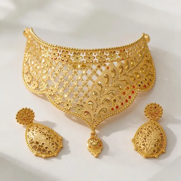 Gold__Floral_Openwork_Necklace_And_Earrings_Set_For_Women