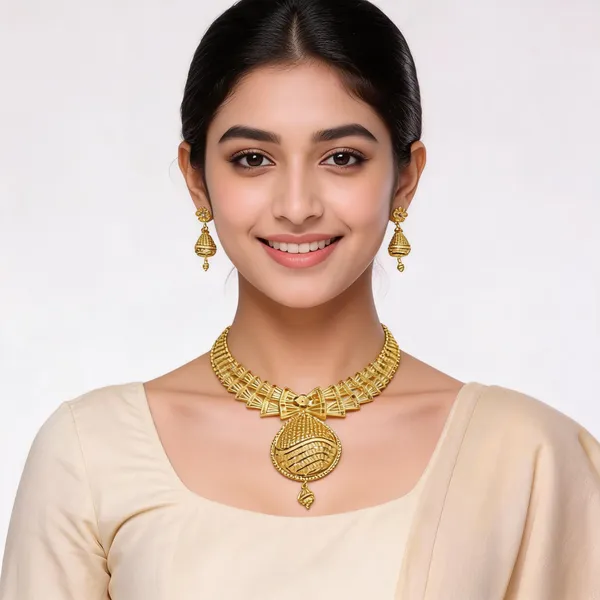 Gold_Alloy_Fan_Link_Round_Pendant_Necklace_And_Earrings_Set_For_Women