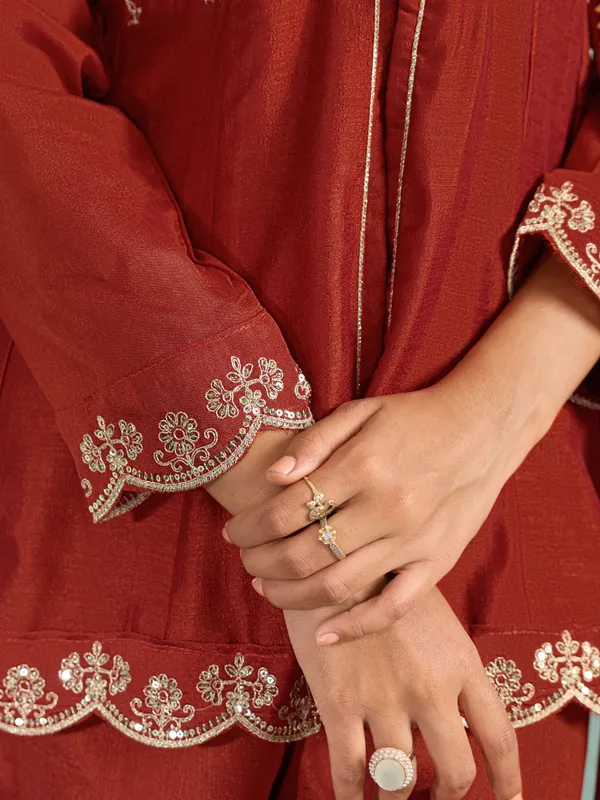 Rust_Cotton_Silk_Relaxed_Embroidered_Palazzo_Kurta_Set_For_Women