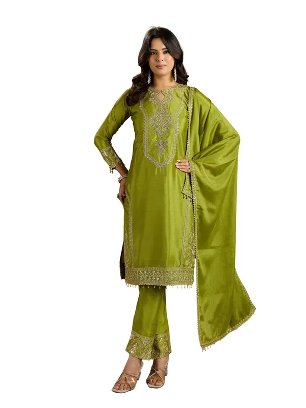 Green_Cotton_Silk_Straight_Embroidered_Kurta_Set_With_Dupatta_For_Women