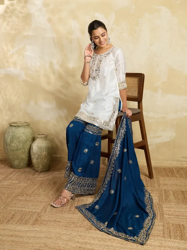 White_And_Blue_Cotton_Silk_Straight_Embroidered_Kurta_Set_With_Dupatta_For_Women