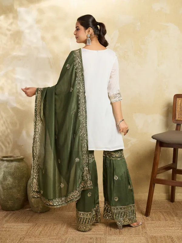 White_And_Olive_Green_Cotton_Silk_Straight_Kurta_Set_With_Palazzo_And_Dupatta_For_Women