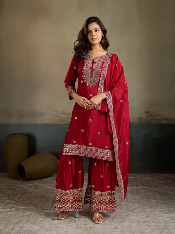 Red_Cotton_Silk_Straight_Embroidered_Palazzo_Kurta_Set_For_Women
