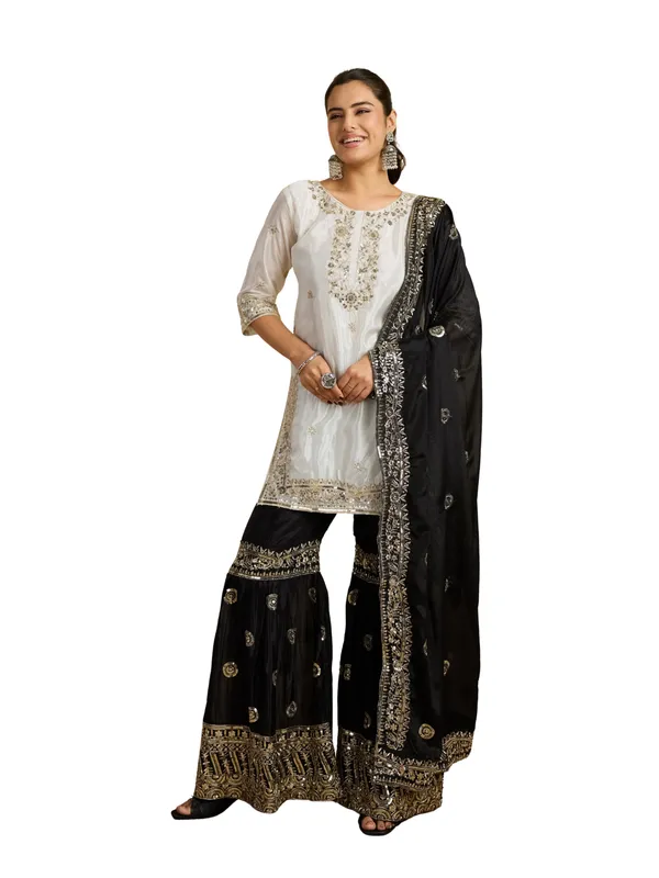 White_And_Black_Cotton_Silk_Straight_Kurta_Set_With_Sharara_And_Dupatta_For_Women