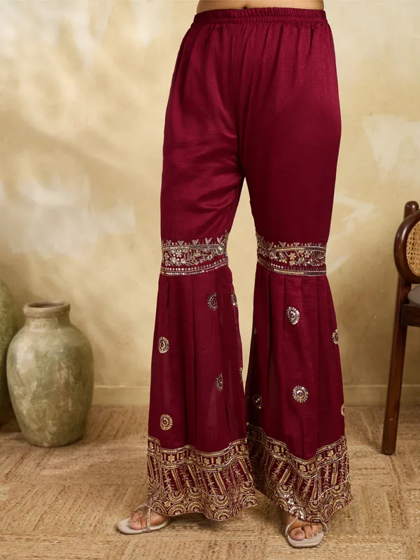 White_And_Maroon_Cotton_Silk_Straight_Kurta_Sharara_Dupatta_Set_For_Women
