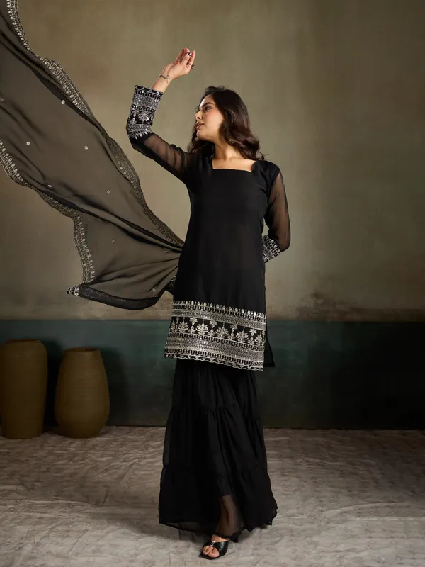 Black_Cotton_Silk_Straight_Kurta_Set_With_Palazzo_And_Dupatta_For_Women