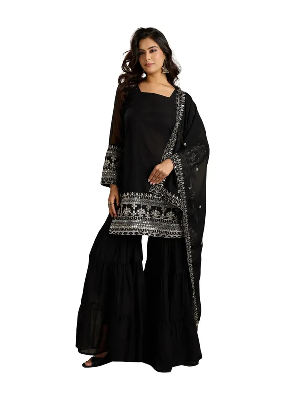 Black_Cotton_Silk_Straight_Kurta_Set_With_Palazzo_And_Dupatta_For_Women