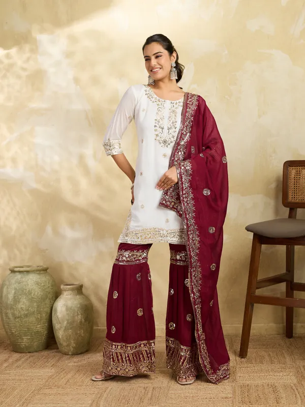 White_And_Maroon_Cotton_Silk_Straight_Kurta_Sharara_Dupatta_Set_For_Women
