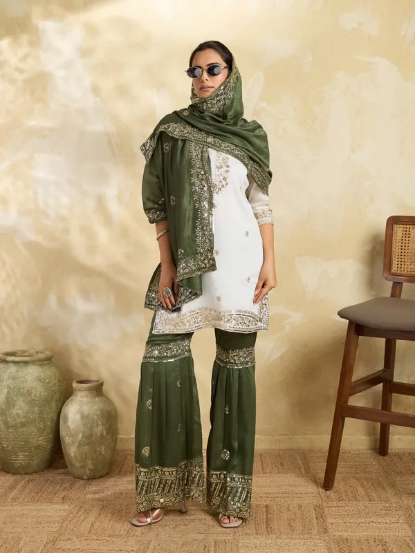 White_And_Olive_Green_Cotton_Silk_Straight_Kurta_Set_With_Palazzo_And_Dupatta_For_Women