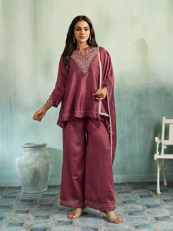 Wine_Cotton_Silk_Straight_Embroidered_Kurta_Set_For_Women