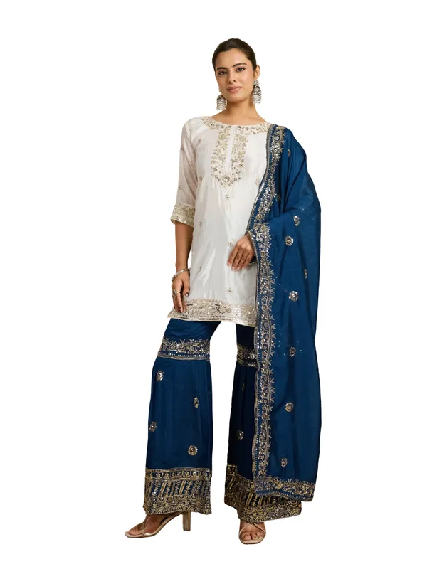 White_And_Blue_Cotton_Silk_Straight_Embroidered_Kurta_Set_With_Dupatta_For_Women