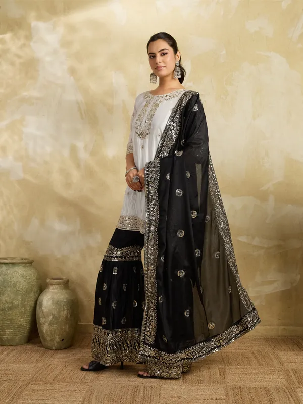 White_And_Black_Cotton_Silk_Straight_Kurta_Set_With_Sharara_And_Dupatta_For_Women