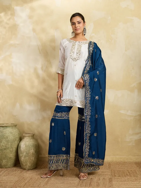 White_And_Blue_Cotton_Silk_Straight_Embroidered_Kurta_Set_With_Dupatta_For_Women