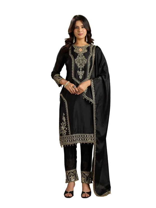Black_Cotton_Silk_Straight_Gold_Embroidered_Kurta_Set_With_Dupatta_For_Women