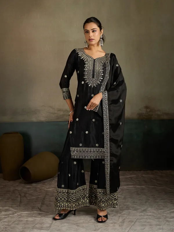 Black_Cotton_Silk_Straight_Embroidered_Palazzo_Kurta_Set_For_Women