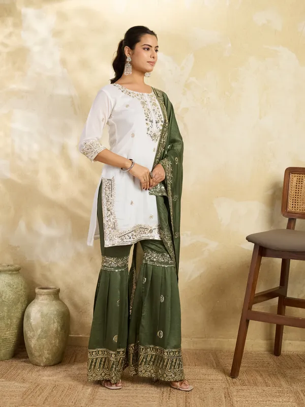 White_And_Olive_Green_Cotton_Silk_Straight_Kurta_Set_With_Palazzo_And_Dupatta_For_Women