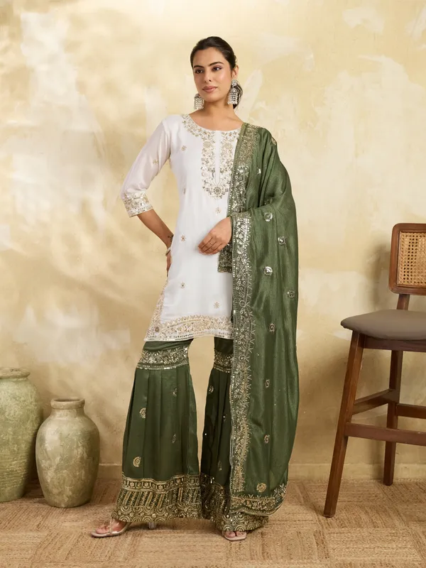White_And_Olive_Green_Cotton_Silk_Straight_Kurta_Set_With_Palazzo_And_Dupatta_For_Women