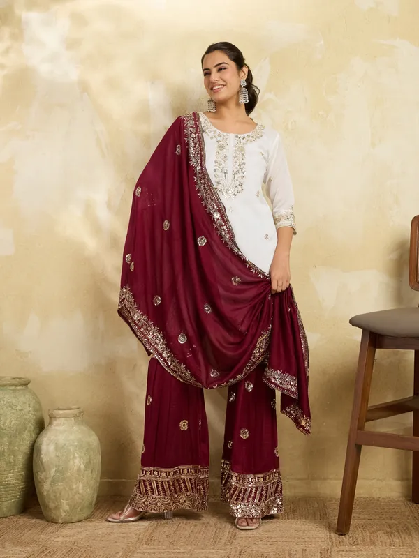 White_And_Maroon_Cotton_Silk_Straight_Kurta_Sharara_Dupatta_Set_For_Women