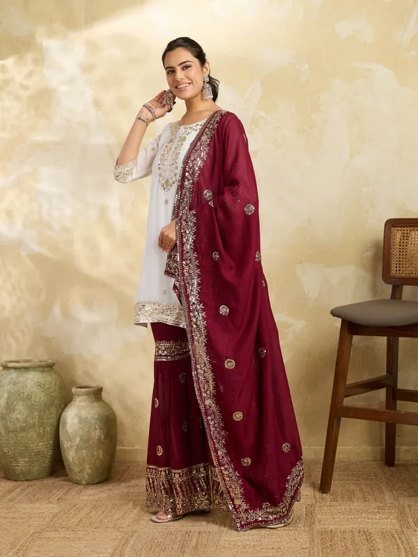 White_And_Maroon_Cotton_Silk_Straight_Kurta_Sharara_Dupatta_Set_For_Women