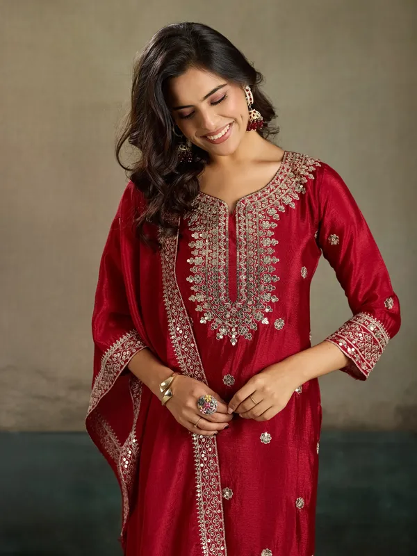 Red_Cotton_Silk_Straight_Embroidered_Palazzo_Kurta_Set_For_Women