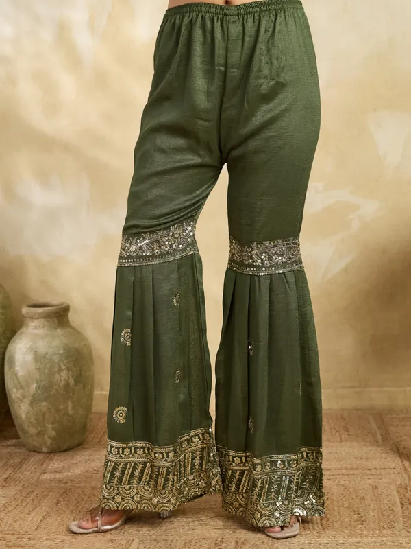 White_And_Olive_Green_Cotton_Silk_Straight_Kurta_Set_With_Palazzo_And_Dupatta_For_Women