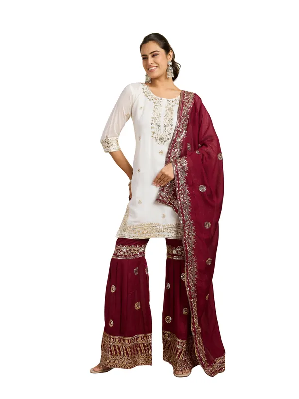 White_And_Maroon_Cotton_Silk_Straight_Kurta_Sharara_Dupatta_Set_For_Women