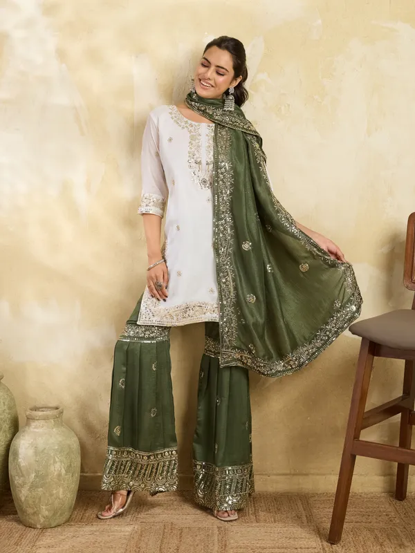 White_And_Olive_Green_Cotton_Silk_Straight_Kurta_Set_With_Palazzo_And_Dupatta_For_Women