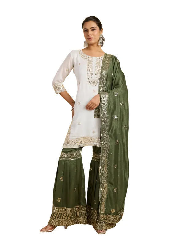 White_And_Olive_Green_Cotton_Silk_Straight_Kurta_Set_With_Palazzo_And_Dupatta_For_Women