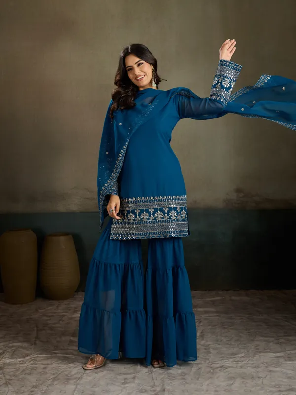 Teal_Cotton_Silk_Straight_Kurta_Sharara_Dupatta_Set_For_Women