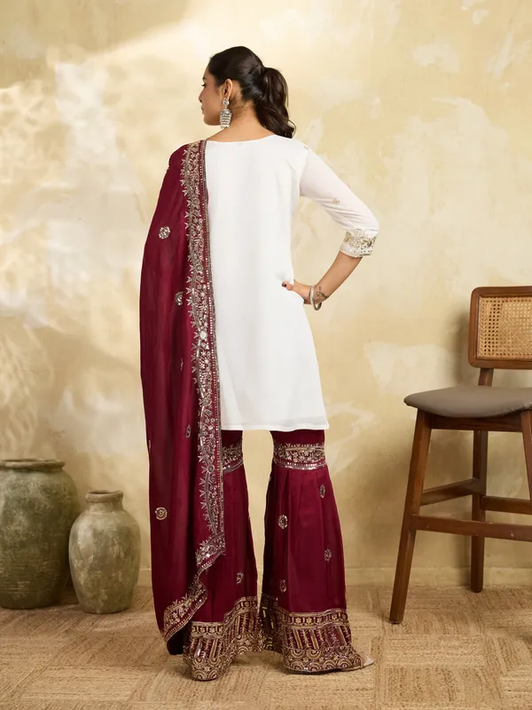 White_And_Maroon_Cotton_Silk_Straight_Kurta_Sharara_Dupatta_Set_For_Women
