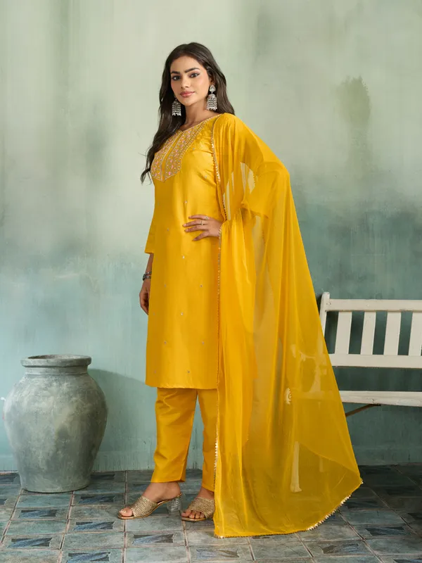 Yellow_Cotton_Silk_Straight_Kurta_Set_With_Palazzo_And_Dupatta_For_Women