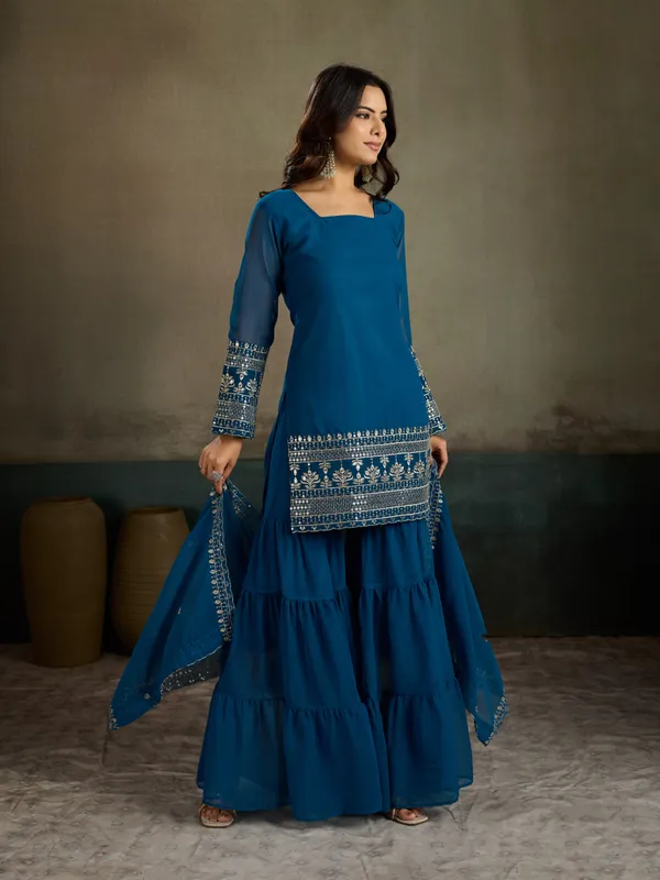 Teal_Cotton_Silk_Straight_Kurta_Sharara_Dupatta_Set_For_Women