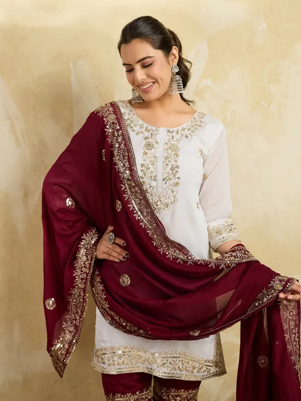 White_And_Maroon_Cotton_Silk_Straight_Kurta_Sharara_Dupatta_Set_For_Women