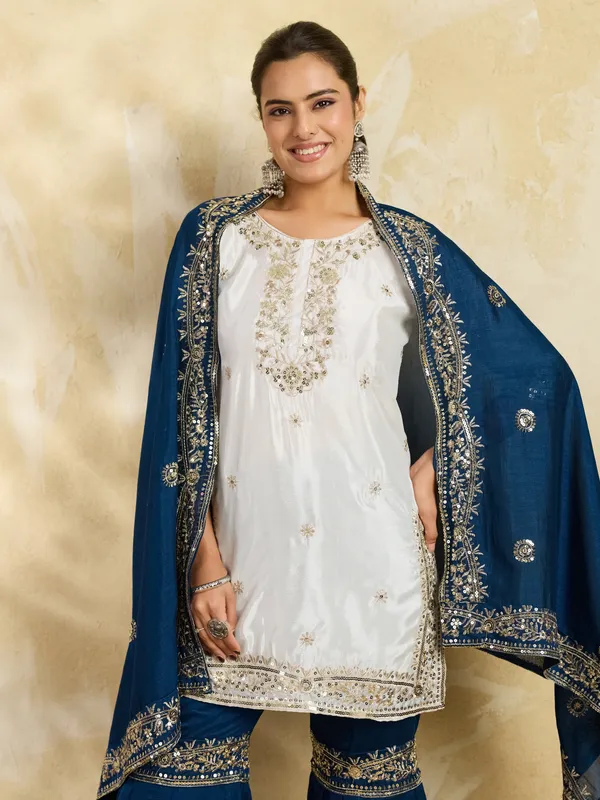 White_And_Blue_Cotton_Silk_Straight_Embroidered_Kurta_Set_With_Dupatta_For_Women