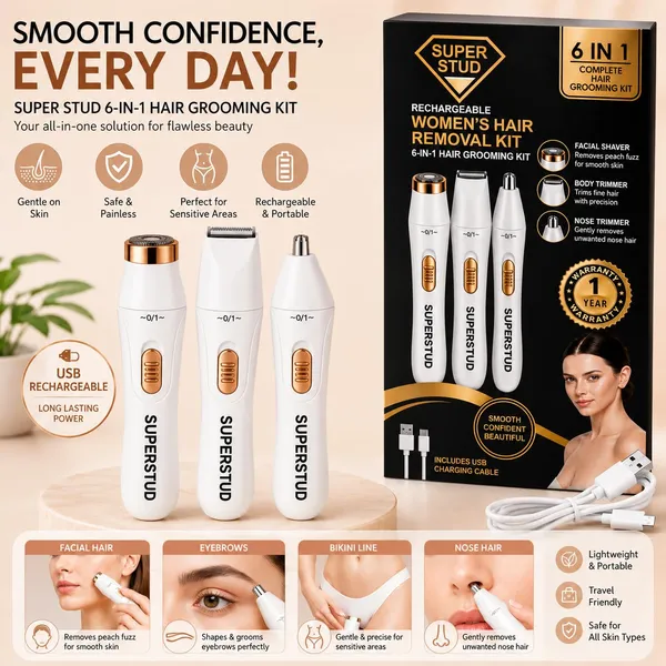 Superstud_6_In_1_Women_Trimmer_Face_Hair_Remover_For_Women_Bikini_Eyebrow_Trimmer_Rechargeable_Hair_Removal_Machine_For_Underarms_Nose_Arms_Legs_Intimate_Areas_120_Min_Runtime_White