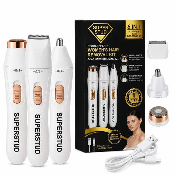 Superstud_6_In_1_Women_Trimmer_Face_Hair_Remover_For_Women_Bikini_Eyebrow_Trimmer_Rechargeable_Hair_Removal_Machine_For_Underarms_Nose_Arms_Legs_Intimate_Areas_120_Min_Runtime_White
