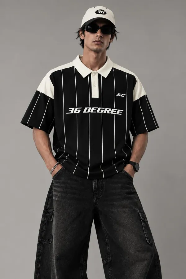Black_Striped_Relaxed_Fit_Polo_T_Shirt_for_Unisex