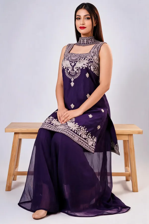 Purple_Banarsi_Embroidered_Straight_Kurta_Set_For_Women