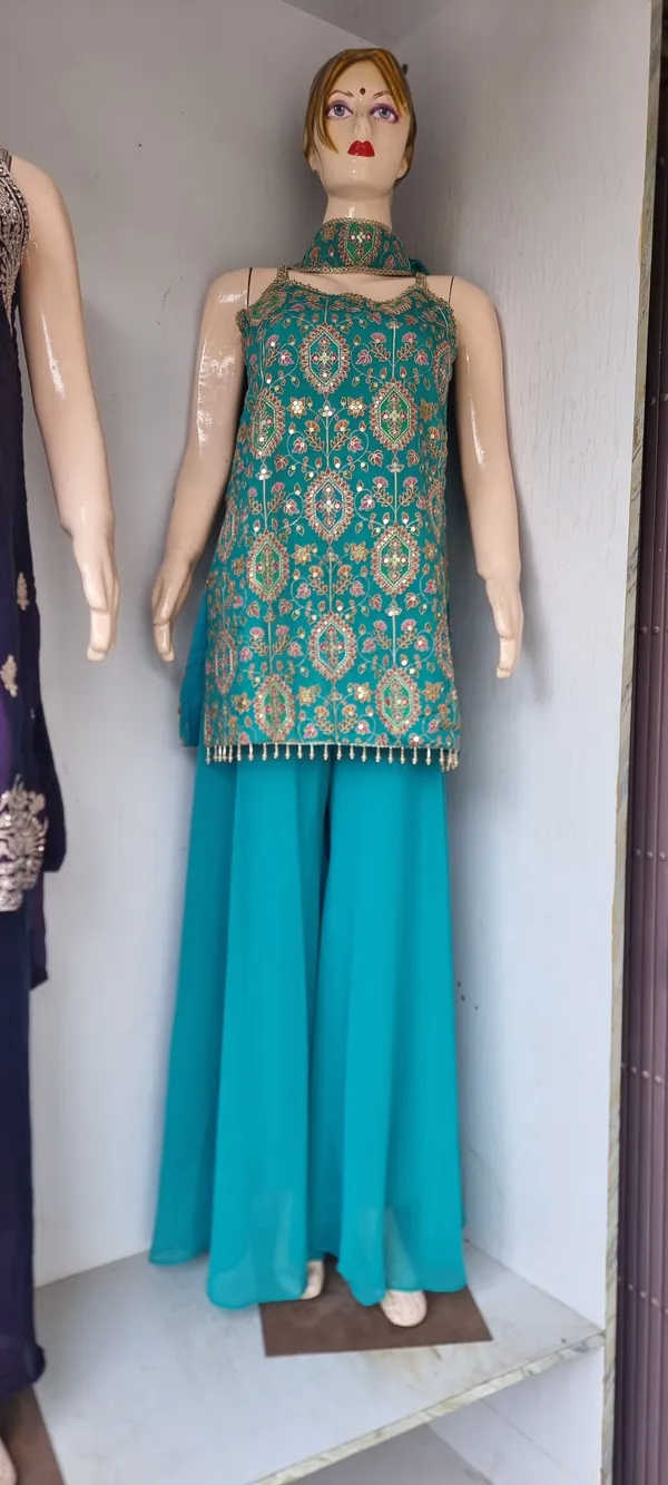 Teal_Banarsi_Printed_Kurta_Palazzo_Set_For_Women