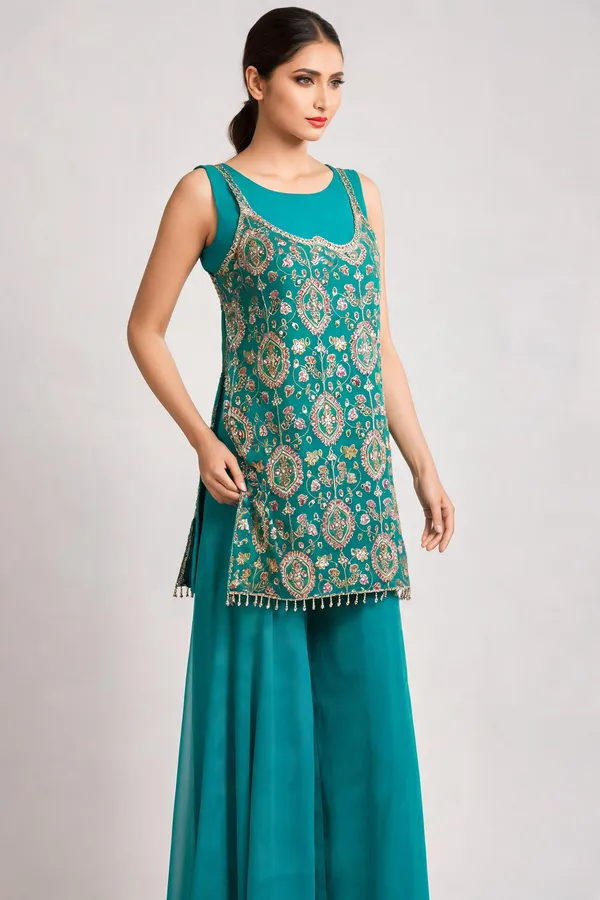 Teal_Banarsi_Printed_Kurta_Palazzo_Set_For_Women