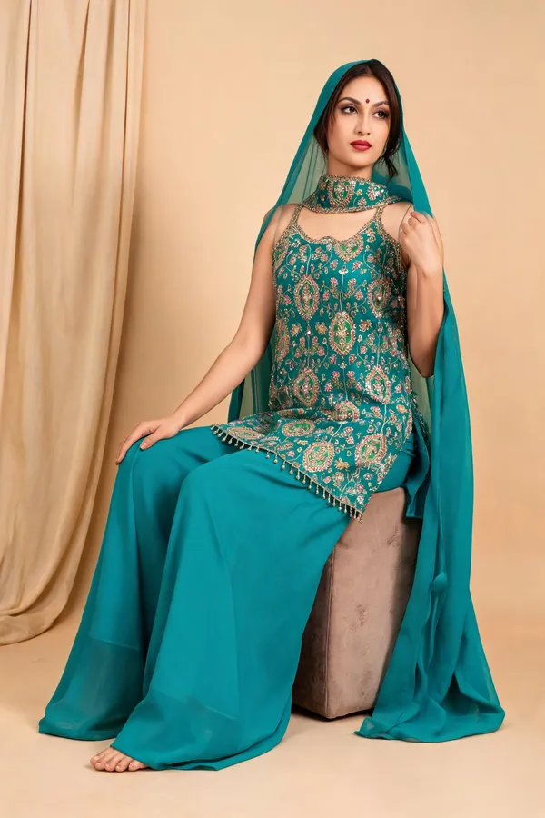 Teal_Banarsi_Printed_Kurta_Palazzo_Set_For_Women