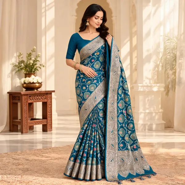 Blue_Georgette_Floral_Paisley_Print_Saree_For_Women