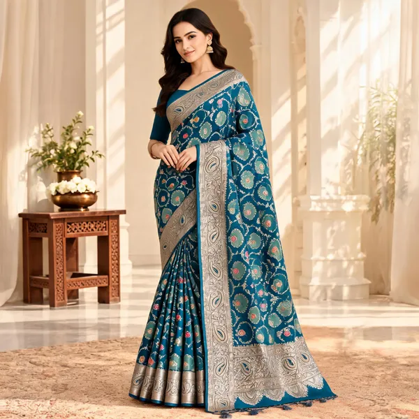 Blue_Georgette_Floral_Paisley_Print_Saree_For_Women